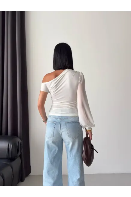 Şifon Kol Detay Sandy Kumaş Bluz Beyaz - 4