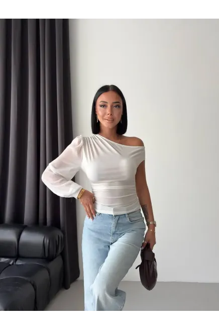 Şifon Kol Detay Sandy Kumaş Bluz Beyaz - 3