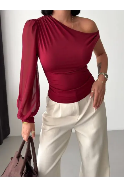 Şifon Kol Detay Sandy Kumaş Bluz Bordo - 4