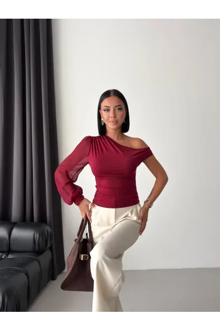 Şifon Kol Detay Sandy Kumaş Bluz Bordo - 3