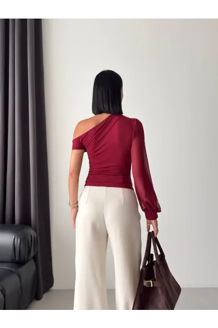 Şifon Kol Detay Sandy Kumaş Bluz Bordo