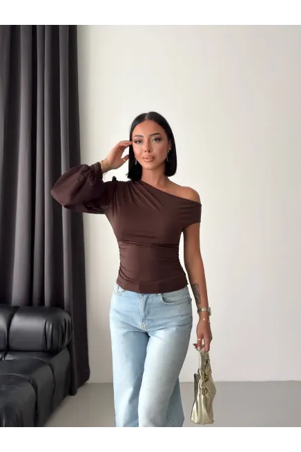 Şifon Kol Detay Sandy Kumaş Bluz Kahve - 4