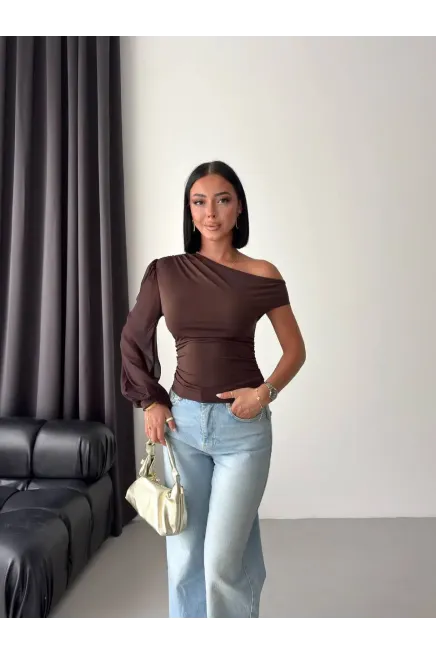 Şifon Kol Detay Sandy Kumaş Bluz Kahve - 2