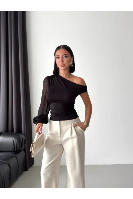 Şifon Kol Detay Sandy Kumaş Bluz Siyah - 4