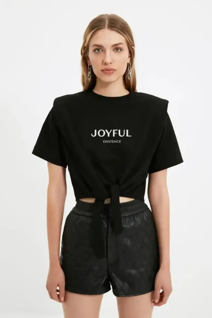 Siyah Sloganlı Örme T-Shirt-tsh1002-syh - 2