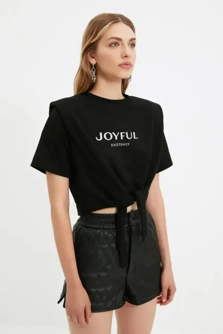 Siyah Sloganlı Örme T-Shirt-tsh1002-syh - 3