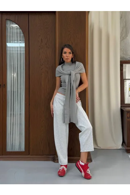 Triko Bluz ve Şal Set Gri