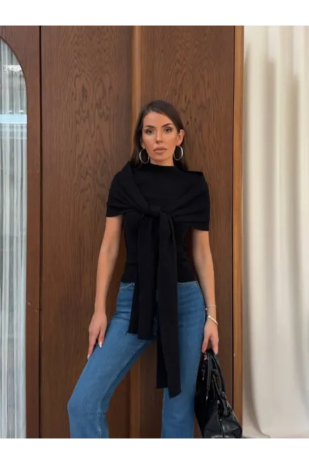 Triko Bluz ve Şal Set Siyah