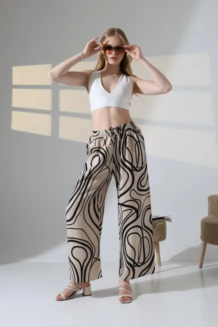 Viskon Bol Paça Bej Desenli Pantalon-ccyz2025pnt-bj