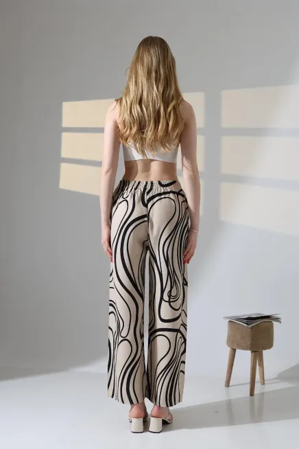 Viskon Bol Paça Bej Desenli Pantalon-ccyz2025pnt-bj
