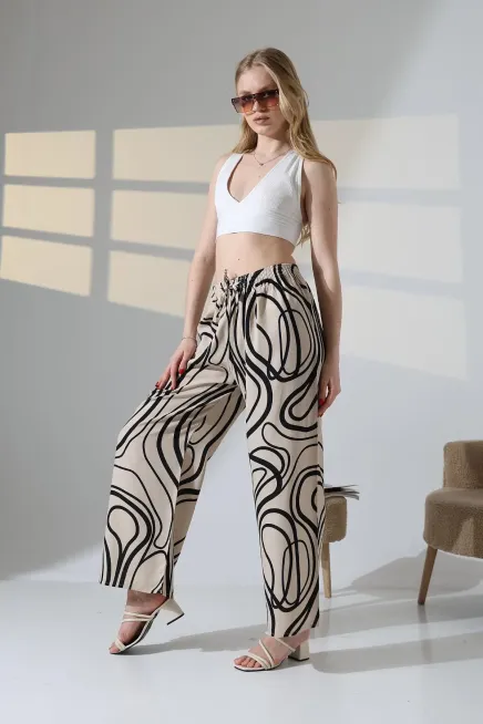 Viskon Bol Paça Bej Desenli Pantalon-ccyz2025pnt-bj