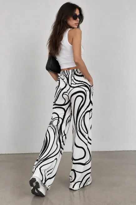Viskon Bol Paça Ekru Desenli Pantalon