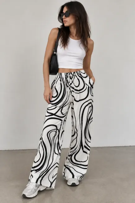 Viskon Bol Paça Ekru Desenli Pantalon