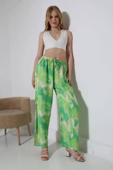 Viskon Bol Paça Yeşil Desenli Pantalon-ccyz2025pnt-ftkysl