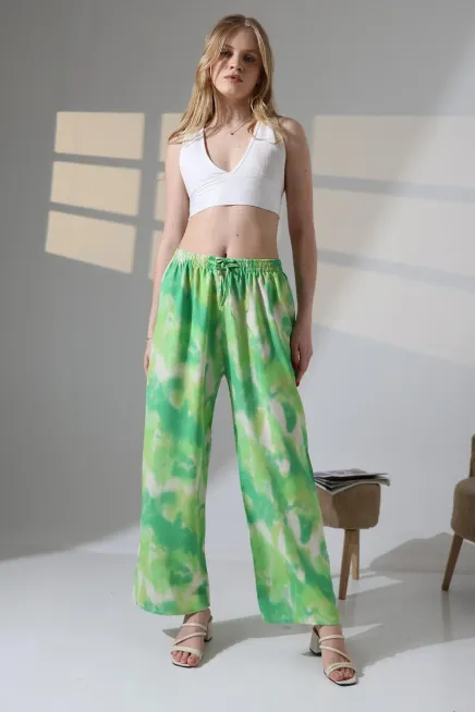 Viskon Bol Paça Yeşil Desenli Pantalon-ccyz2025pnt-ftkysl - 2