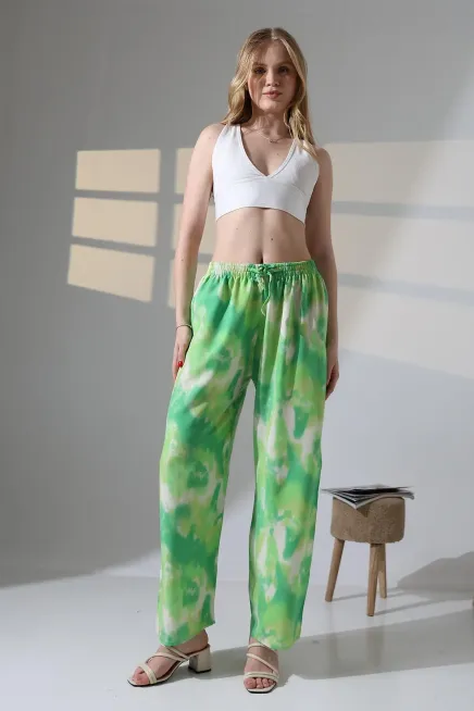 Viskon Bol Paça Yeşil Desenli Pantalon-ccyz2025pnt-ftkysl - 3