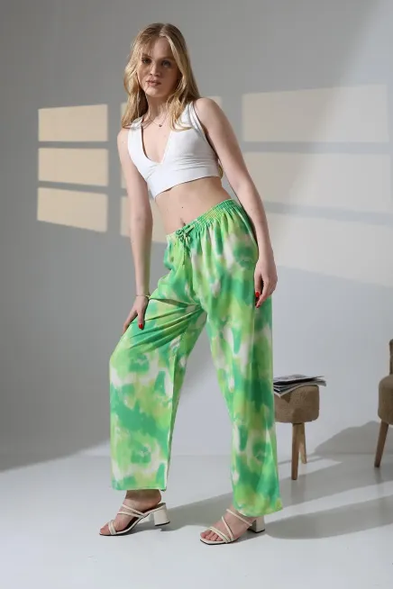 Viskon Bol Paça Yeşil Desenli Pantalon-ccyz2025pnt-ftkysl