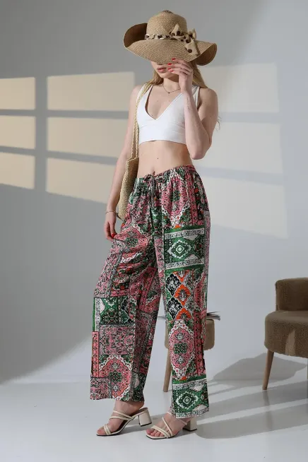 Viskon Bol Paça Zümrüt Desenli Pantalon-ccyz2025pnt-zmrt