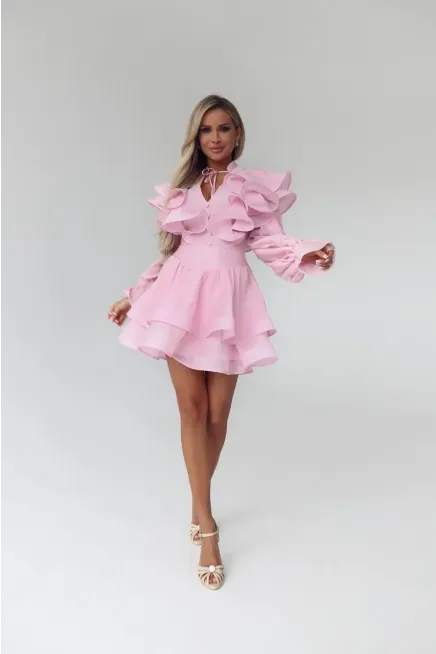 Volan Detaylı Mini Elbise Pembe