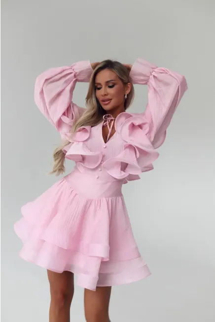 Volan Detaylı Mini Elbise Pembe