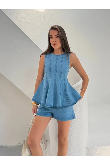 Volanlı Bluz Şort Denim Takım Mavi
