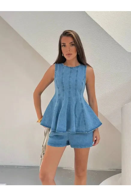 Volanlı Bluz Şort Denim Takım Mavi