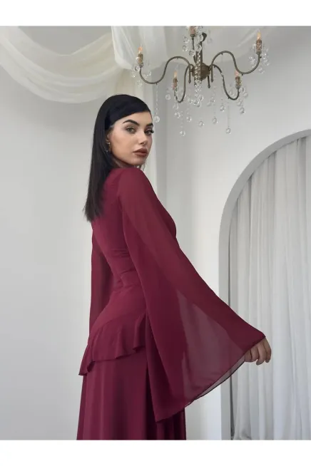 Volanlı İspanyol Kol Uzun Şifon Elbise Bordo - 3