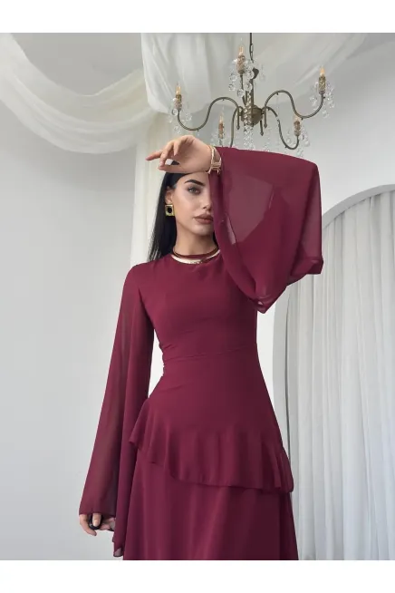 Volanlı İspanyol Kol Uzun Şifon Elbise Bordo