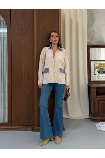 Yaka Denim Detay Triko Hırka Ekru - 3