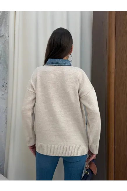 Yaka Denim Detay Triko Hırka Ekru - 4