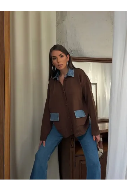 Yaka Denim Detay Triko Hırka Kahve - 3