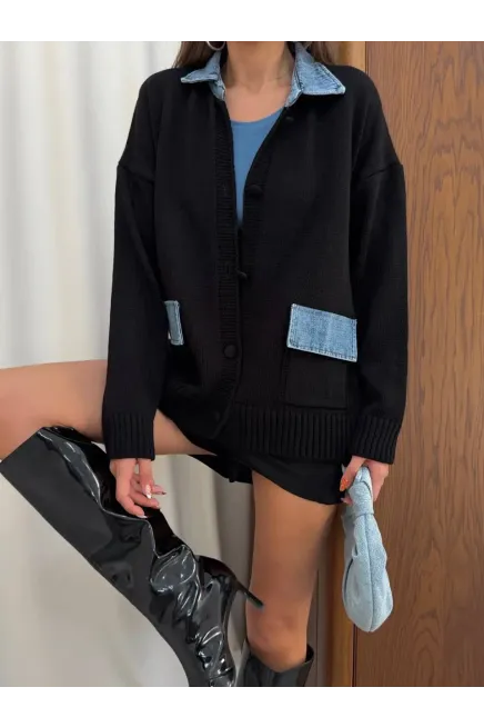 Yaka Denim Detay Triko Hırka Siyah - 4