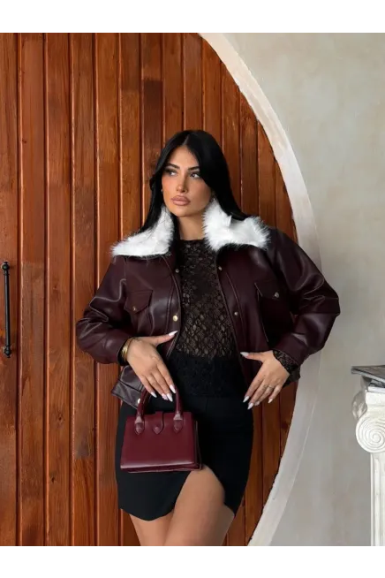 Yaka Kürk Detay Deri Ceket Bordo