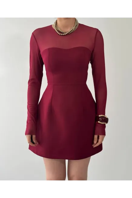 Yaka Tül Detay Mini Elbise Bordo - 4