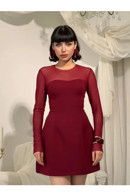 Yaka Tül Detay Mini Elbise Bordo - 2