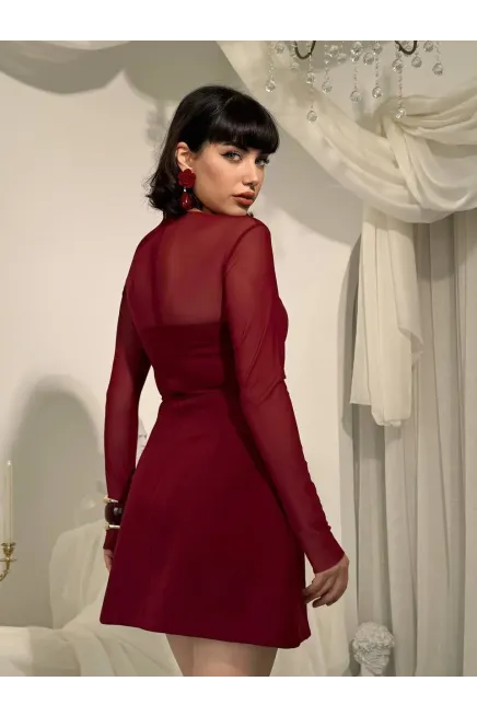 Yaka Tül Detay Mini Elbise Bordo - 3