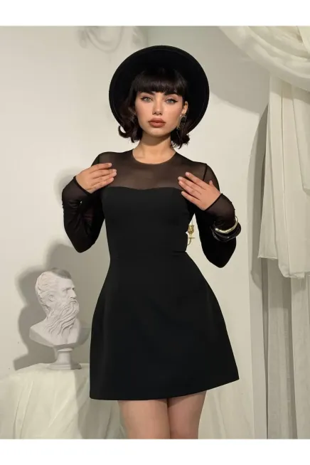 Yaka Tül Detay Mini Elbise Siyah