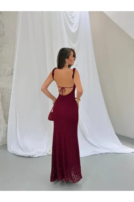 Yırtmaç Güpür Detay Askılı Elbise Bordo - 3