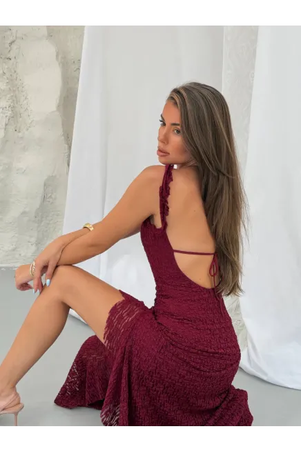 Yırtmaç Güpür Detay Askılı Elbise Bordo - 2
