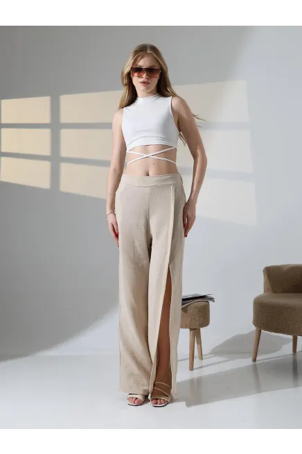 Yırtmaçlı Müslin Pantalon Bej-dsbpnt1002-bj