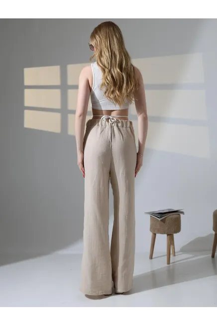 Yırtmaçlı Müslin Pantalon Bej-dsbpnt1002-bj