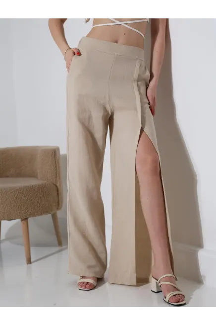 Yırtmaçlı Müslin Pantalon Bej-dsbpnt1002-bj