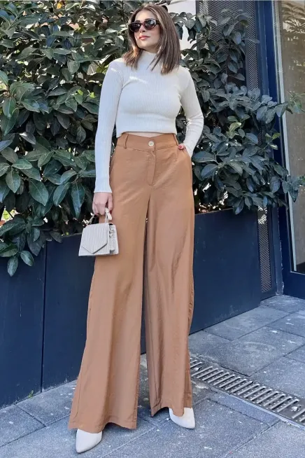 Yüksek Bel Bol Paça Pantalon-3427Camel