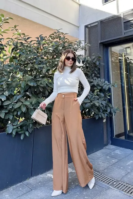 Yüksek Bel Bol Paça Pantalon-3427Camel