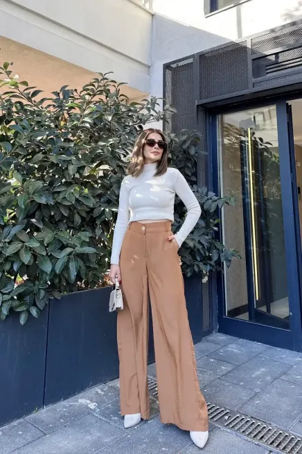 Yüksek Bel Bol Paça Pantalon-3427Camel