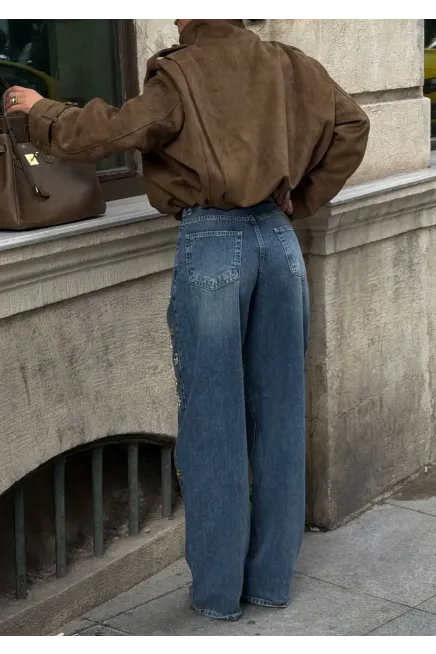 Yüksek Bel Taş İşlemeli Çiçek Desenli Bol Paça Jean Pantolon