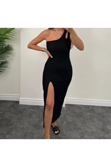 Çift Bantlı Yırtmaçlı Midi Boy Elbise
