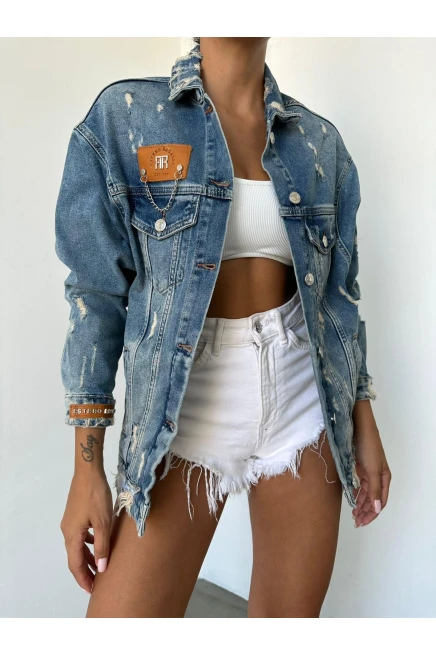 Deri Zincir ve Kol Manşet Deri Detay Denim Kot Ceket