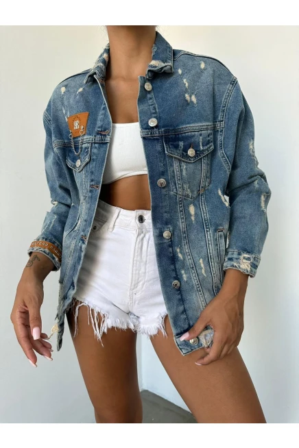 Deri Zincir ve Kol Manşet Deri Detay Denim Kot Ceket