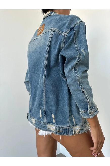 Deri Zincir ve Kol Manşet Deri Detay Denim Kot Ceket
